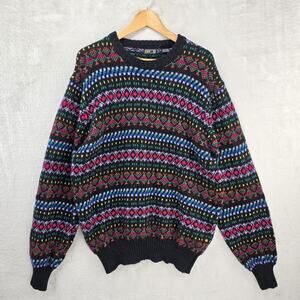 Vintage DAKS London Sweater XL Black Fair Isle Wool Shetland Crewneck Colorful